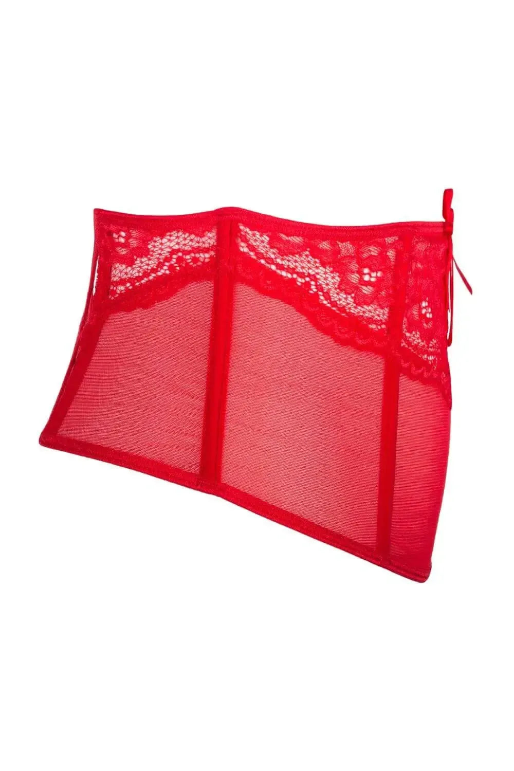 Seductive red sheer waspie corset with elegant lace trim and hook-and-eye fastening.