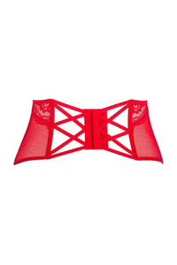 Amor Amor sheer red waspie corset with elegant lace and hook-and-eye fastening.