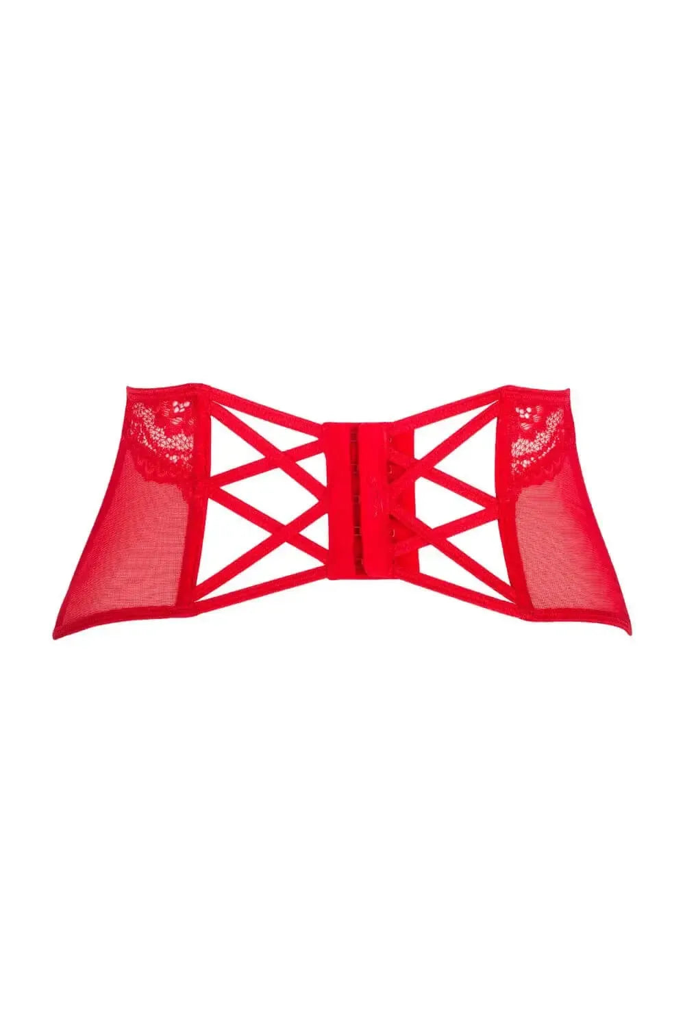 Amor Amor sheer red waspie corset with elegant lace and hook-and-eye fastening.