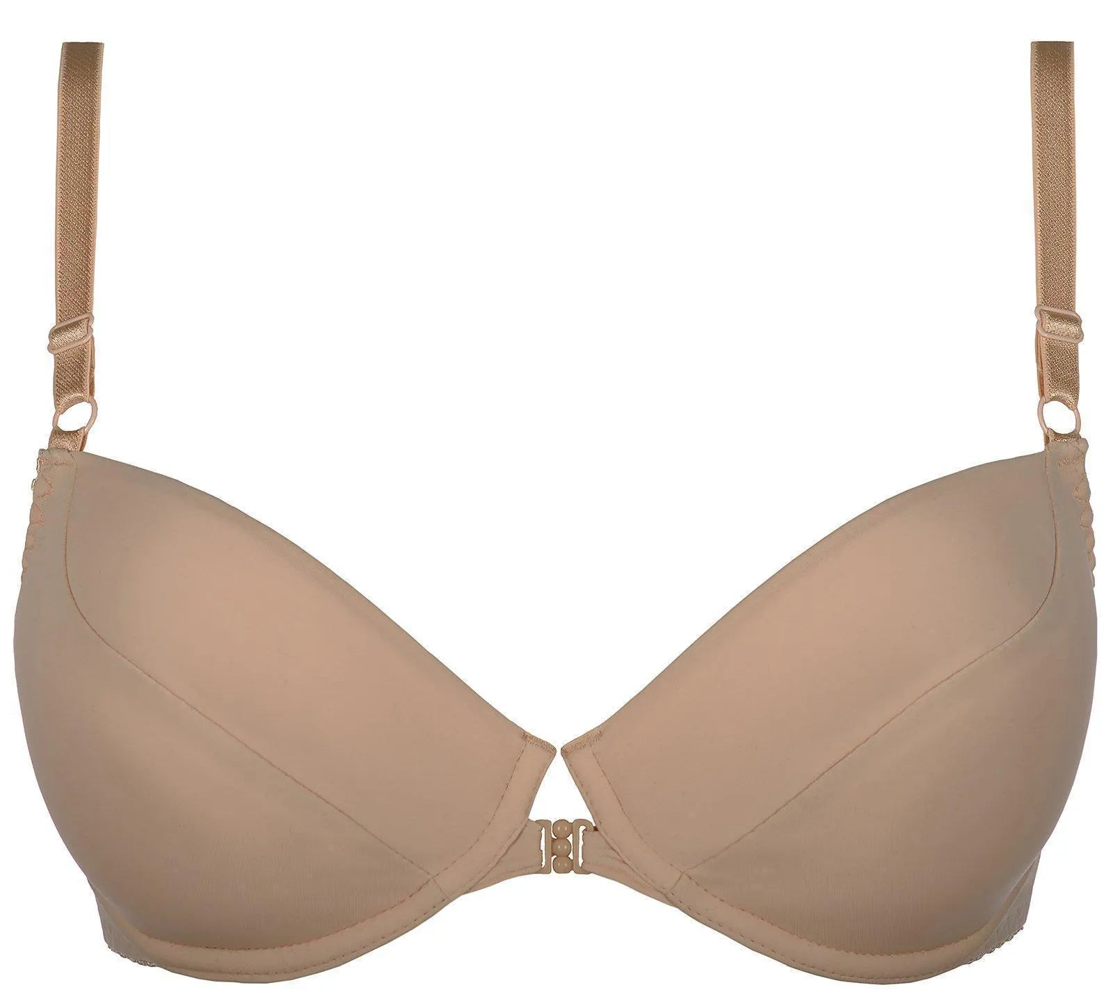 Axami Meadow beige push-up bra with front clasp, underwire cups, and adjustable straps.