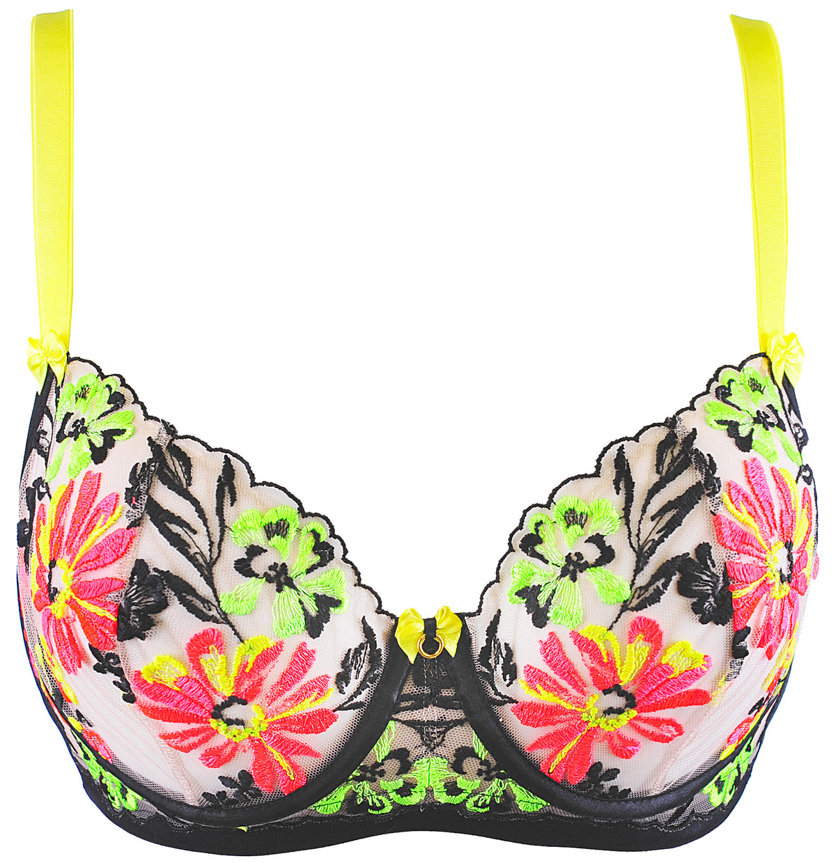 Axami Luminesce underwire bra in sheer nude mesh with neon floral embroidery, front view