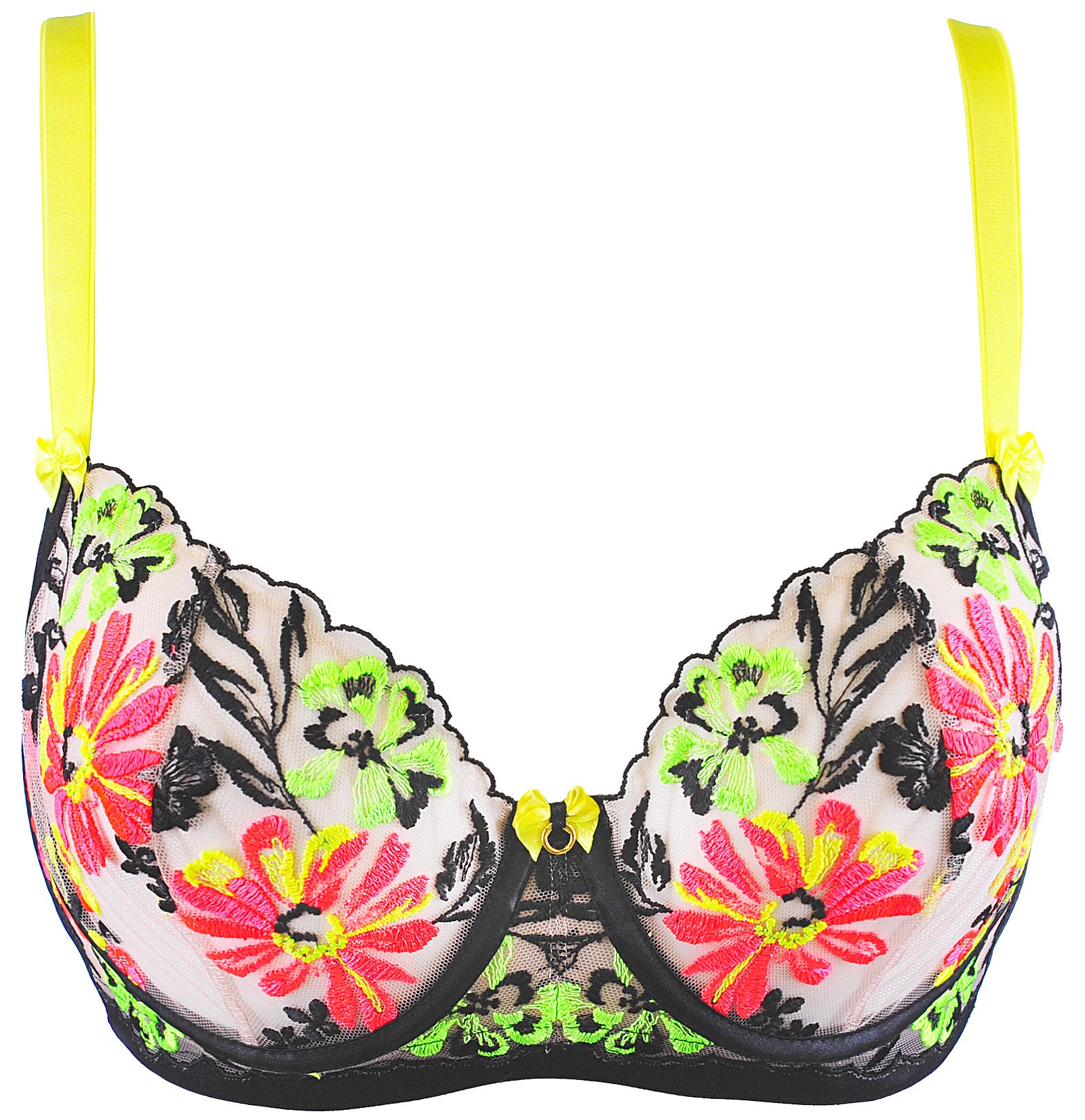 Axami Luminesce underwire bra in sheer nude mesh with neon floral embroidery, front view