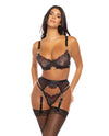 Oh la la Cheri Azalea Underwire Embroidered Bra, Garter Belt & G-String Set-Rebel Romance