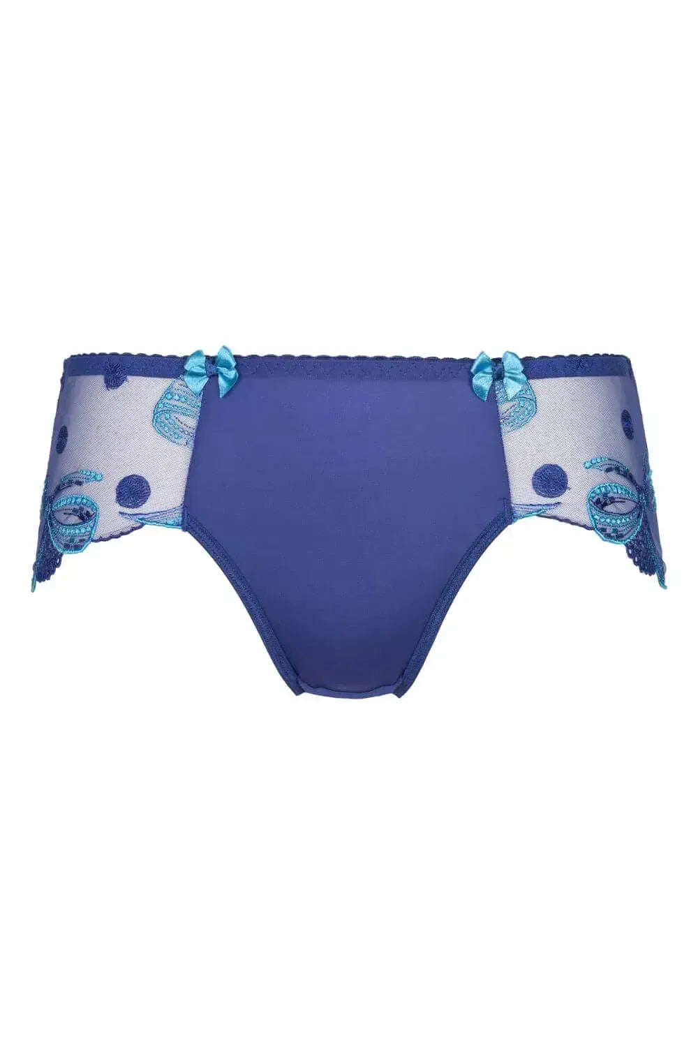 Axami Bal Harbour Bikini Briefs: elegant blue design with turquoise lace inserts and fancy bows motif.