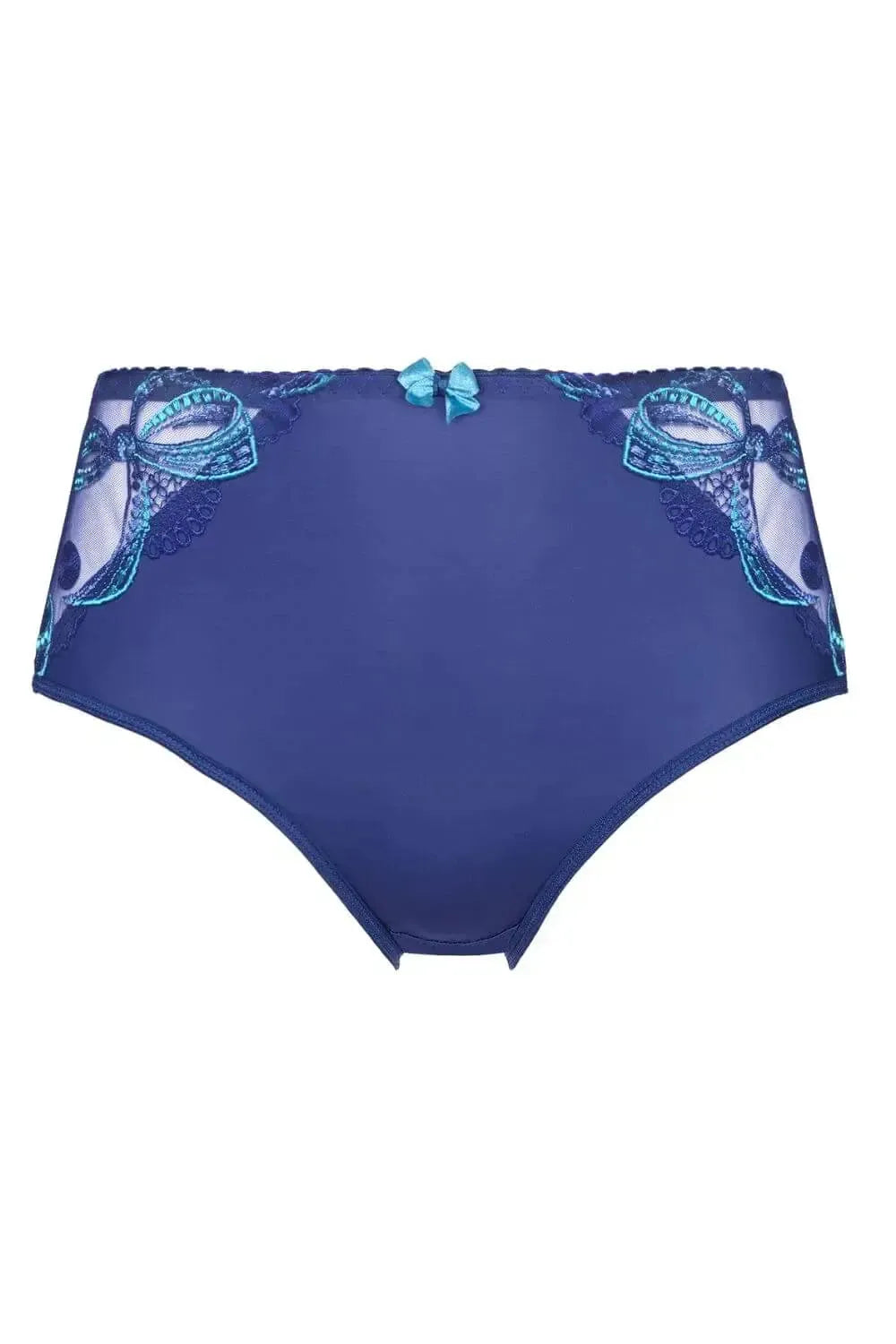 Axami Bal Harbour high-waisted briefs with elegant turquoise lace inserts and a delicate bow.