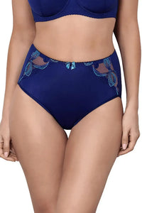 Axami Bal Harbour high-waisted briefs in elegant navy with turquoise lace inserts and a delicate bow.