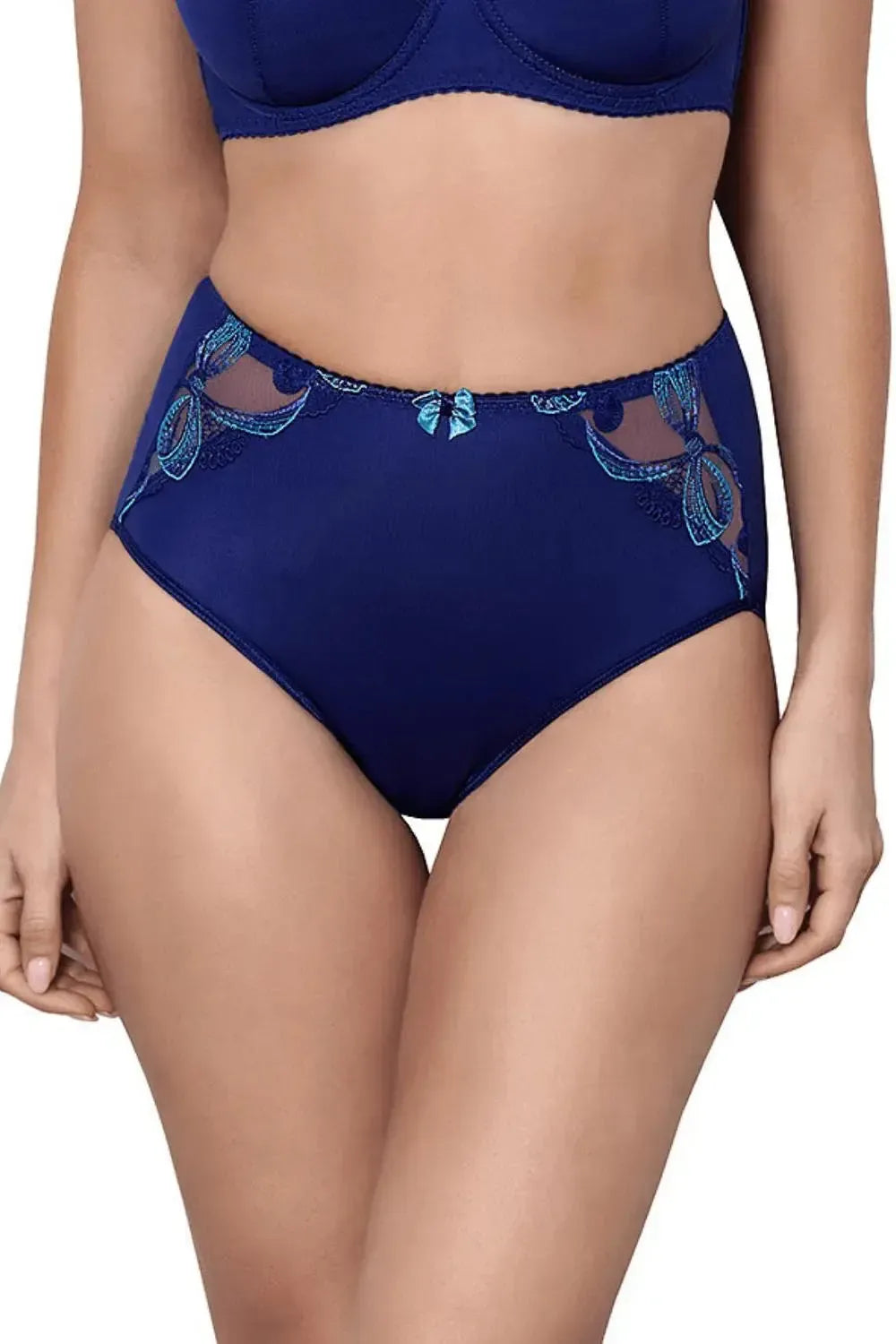 Axami Bal Harbour high-waisted briefs in elegant navy with turquoise lace inserts and a delicate bow.