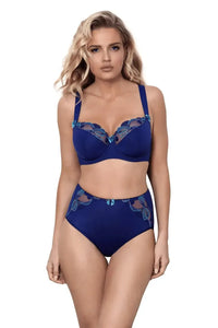 Axami Bal Harbour padded balconette bra and high-waisted briefs in elegant royal blue with delicate embroidery.