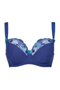 Axami Bal Harbour padded balconette bra in deep blue with delicate lace, embroidery, and charming bows.