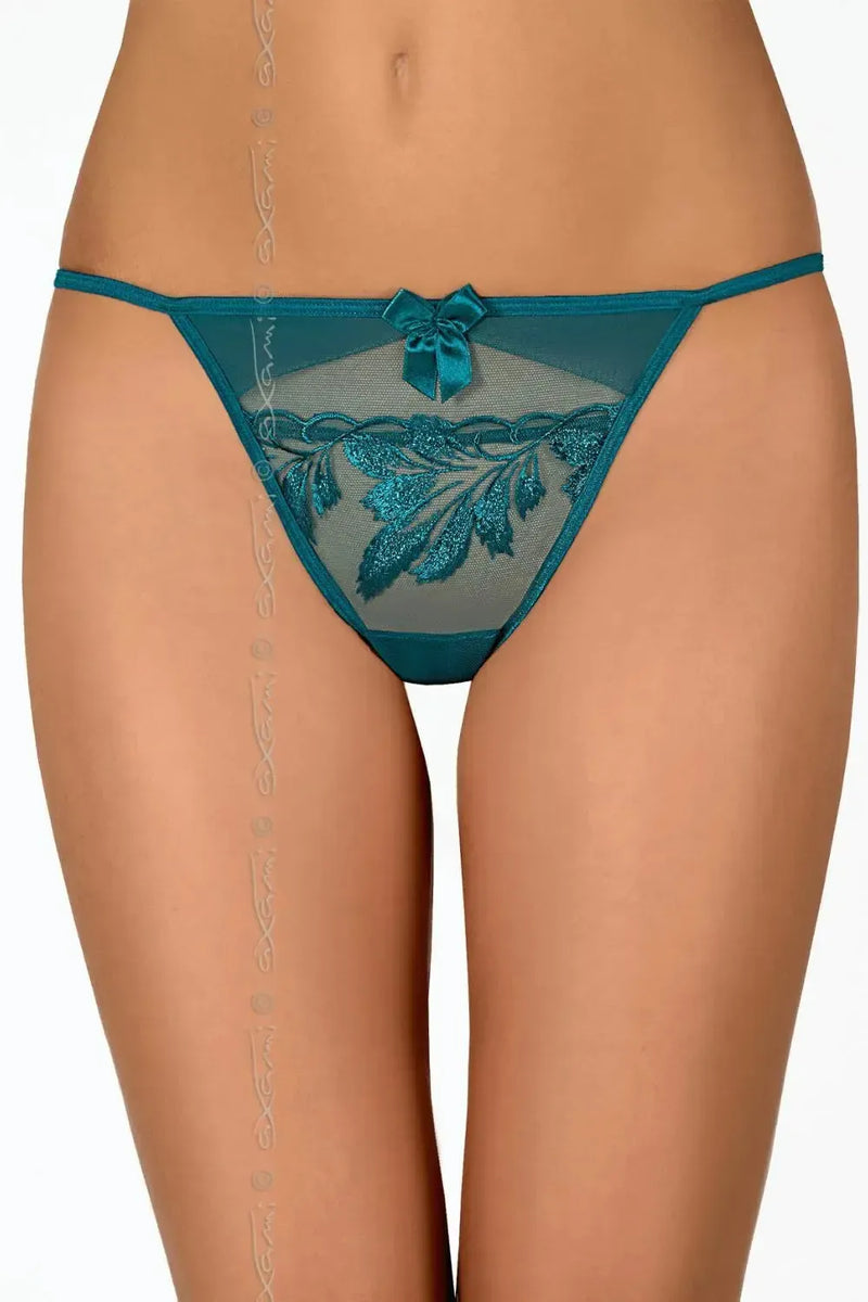 Axami Basilic sheer v-string thong with shimmering green embroidery and soft tulle.