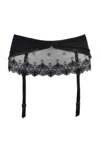Axami Bell Embroidery Garter Belt: black lace with glossy silver details and smooth half-transparent ribbon.