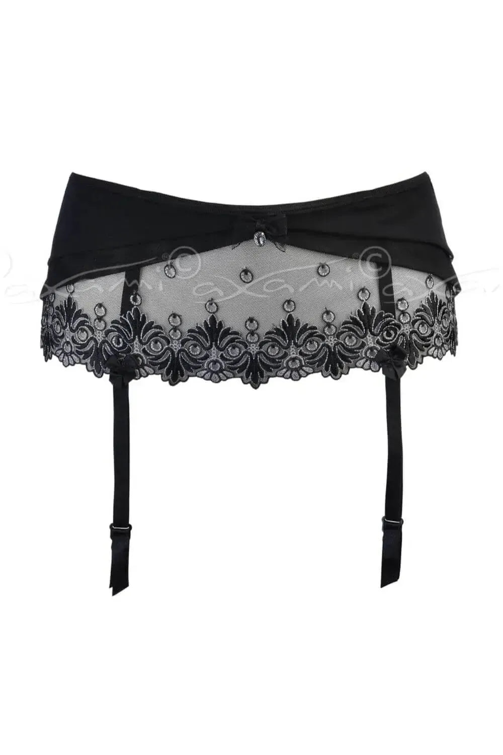 Axami Bell Embroidery Garter Belt: black lace with glossy silver details and smooth half-transparent ribbon.