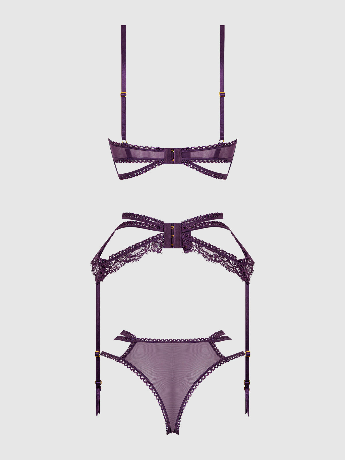 House of Desire Bianca Strappy Lace Bra, Garter & Hipster Set