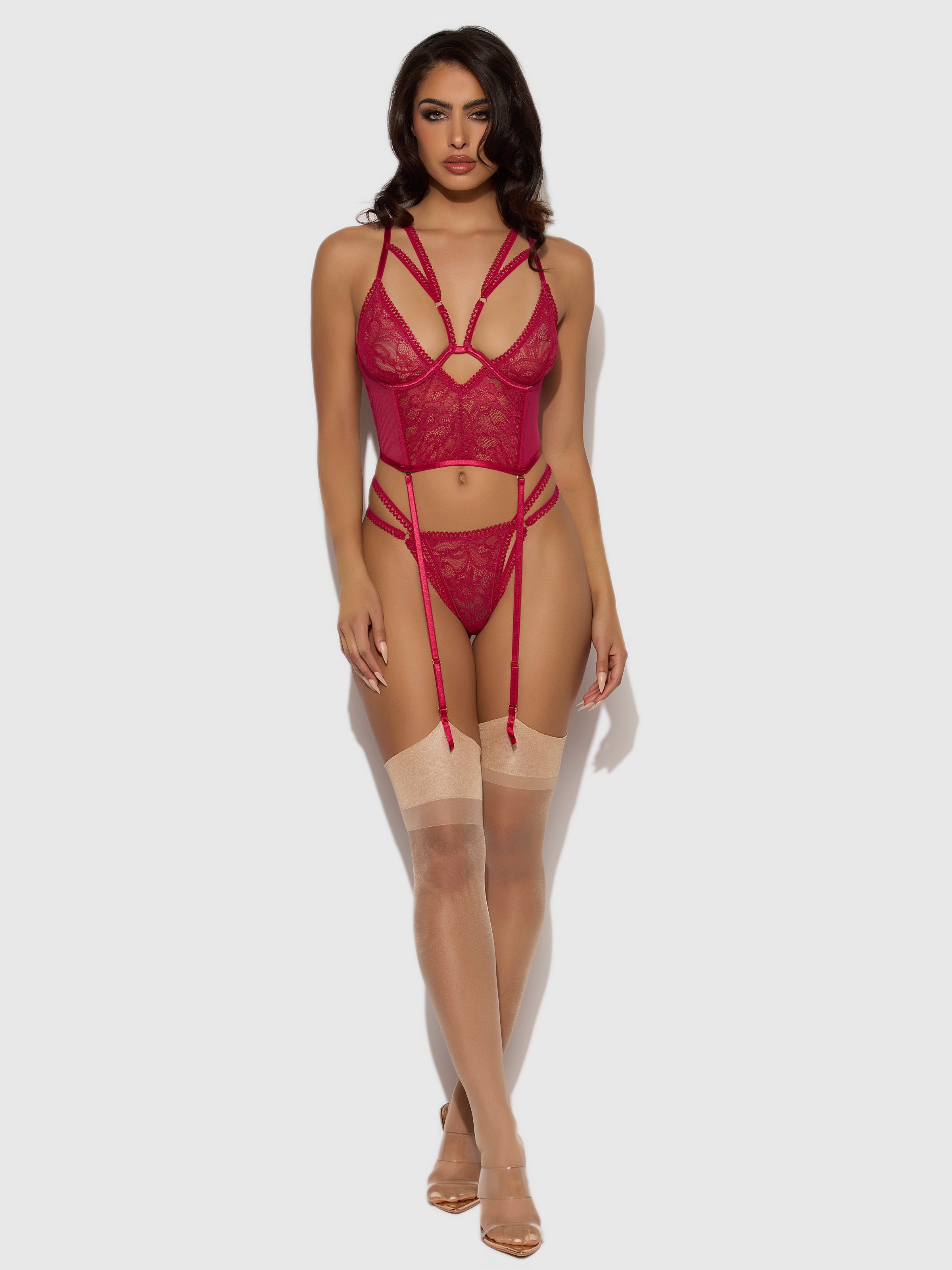 House of Desire Bianca Strappy Lace Bustier & Thong Set