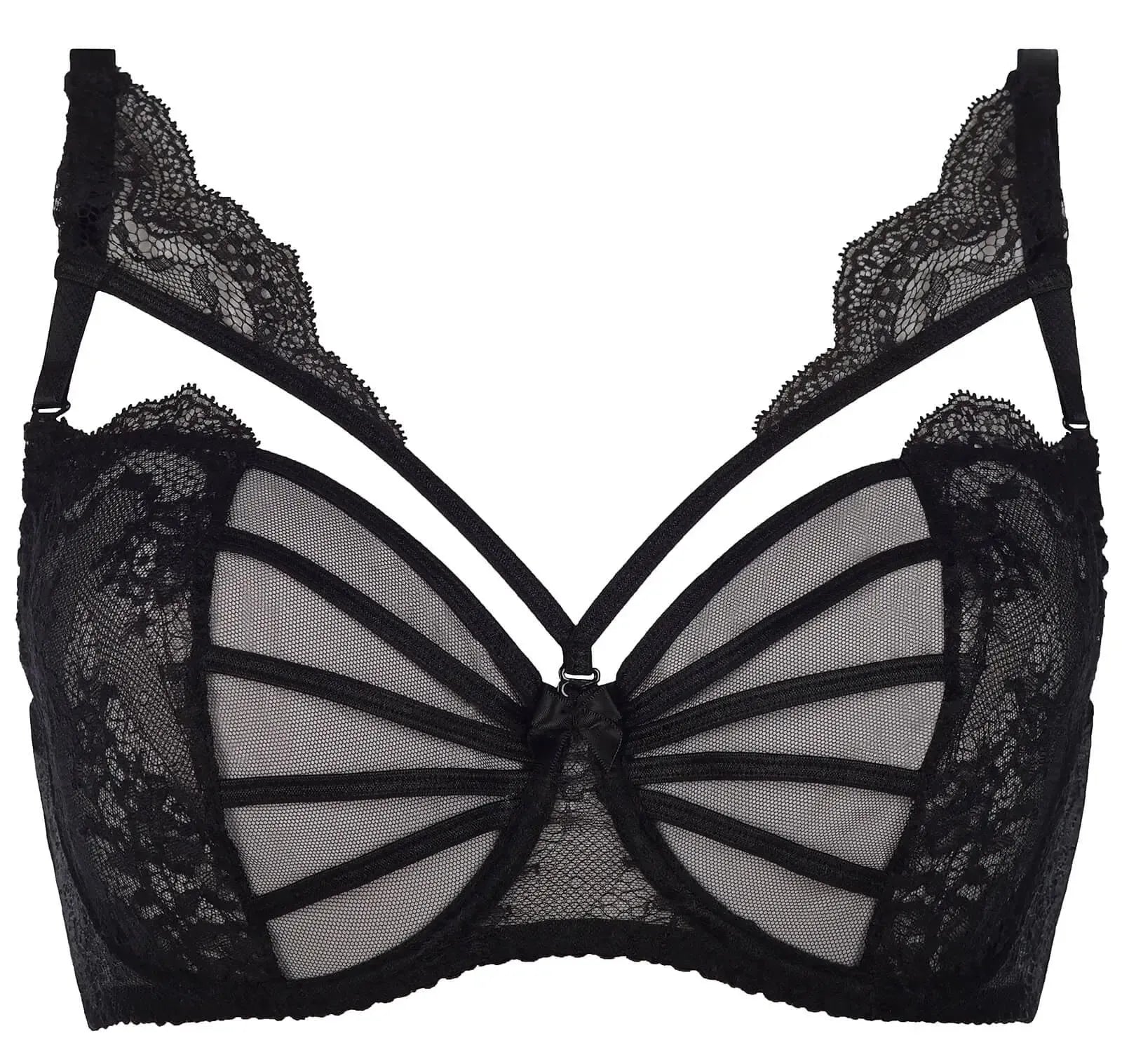 Black Hibiscus unlined sheer mesh bra with delicate lace, transparent tulle, and ornamental neckline details.