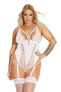 Coquette Pleasure Collection Queen Net & Scallop Lace Gartered Teddy-Rebel Romance