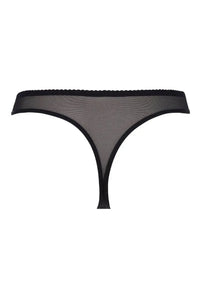 Axami Black Orchid sheer mesh thong in elegant black, featuring delicate lace trim and refined styling.