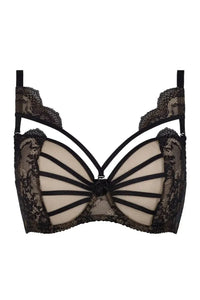 Black Orchid unlined sheer mesh balconette bra with black lace, transparent tulle, and ornamental details.