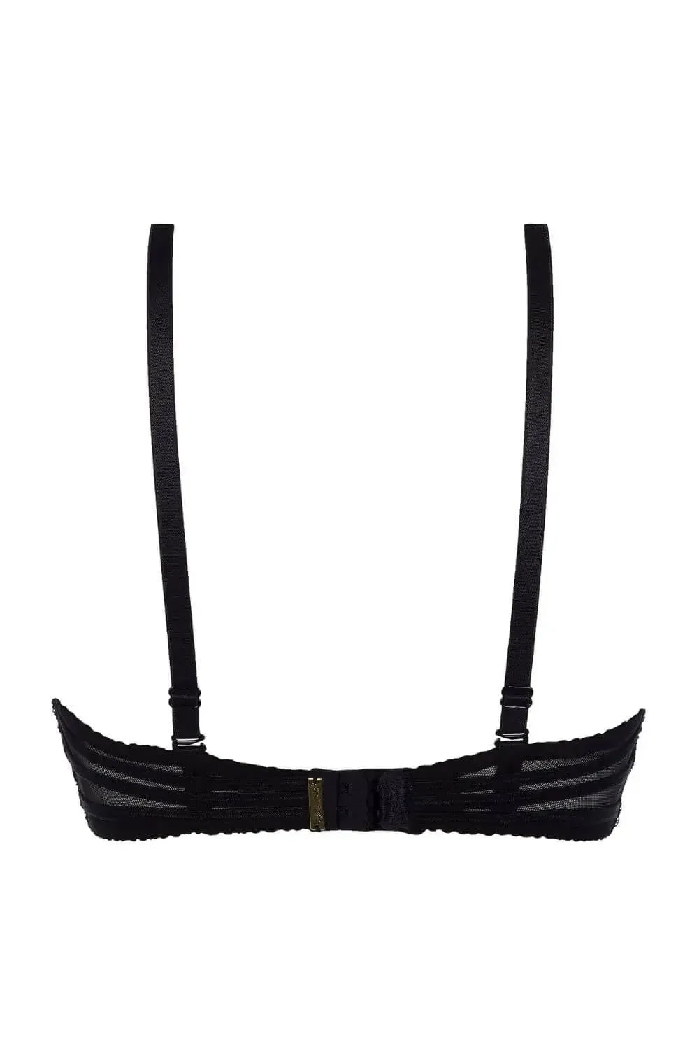 Back view of Axami Black Orchid unlined sheer mesh bra with black lace, thin tulle, and adjustable straps.