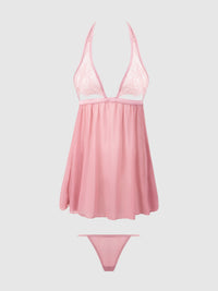 House of Desire Blair Lace & Mesh Open Cup Babydoll & G-String Set Rose Pink