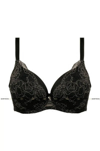 Sensual Blair push-up bra in black floral lace with elegant gold thread and padded cups.