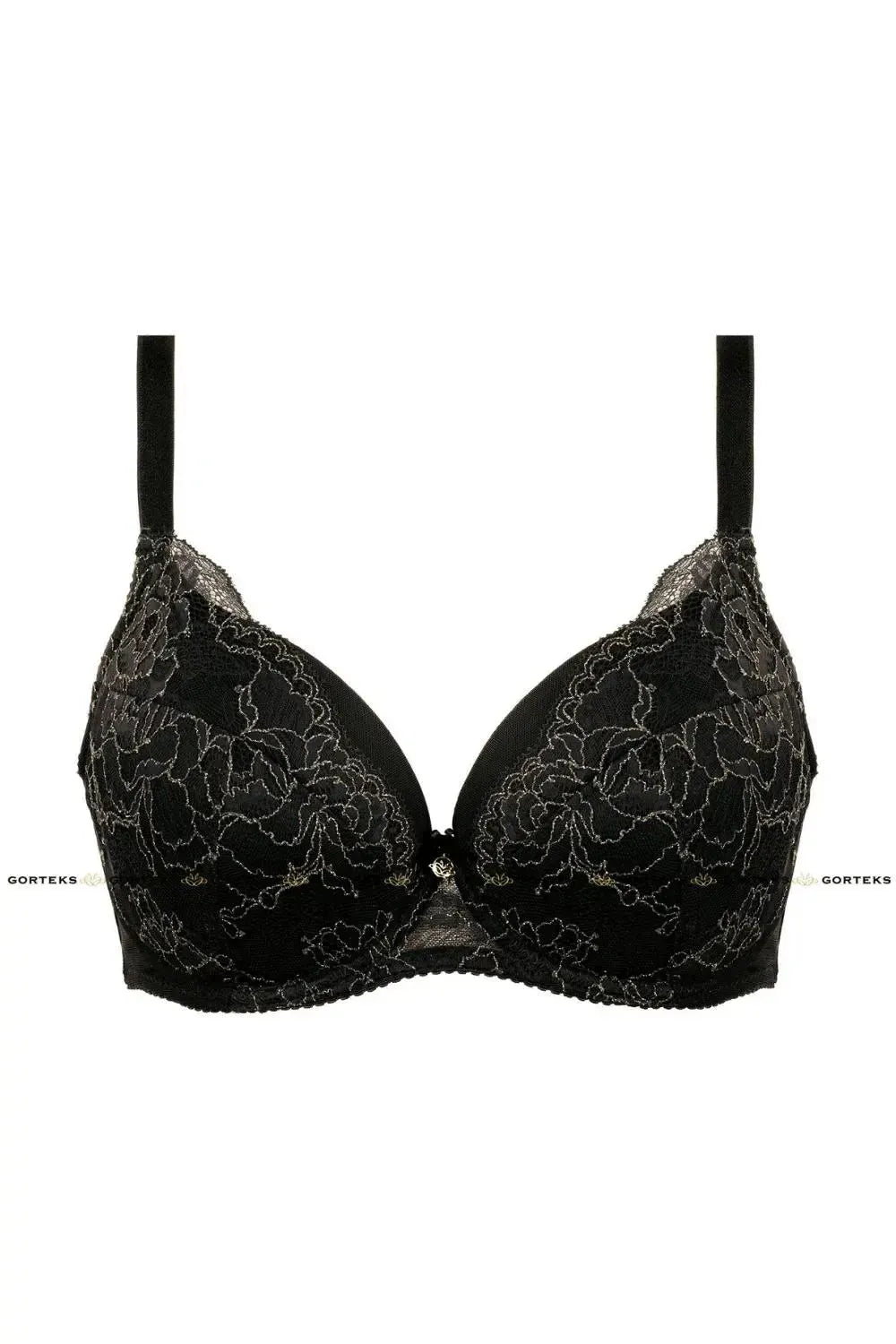 Sensual Blair push-up bra in black floral lace with elegant gold thread and padded cups.