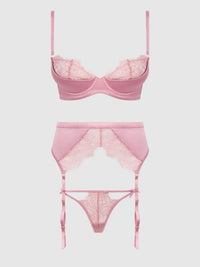 House of Desire Blair Satin & Lace Bra, Garter & G-String Set Rose Pink