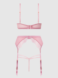House of Desire Blair Satin & Lace Bra, Garter & G-String Set Rose Pink