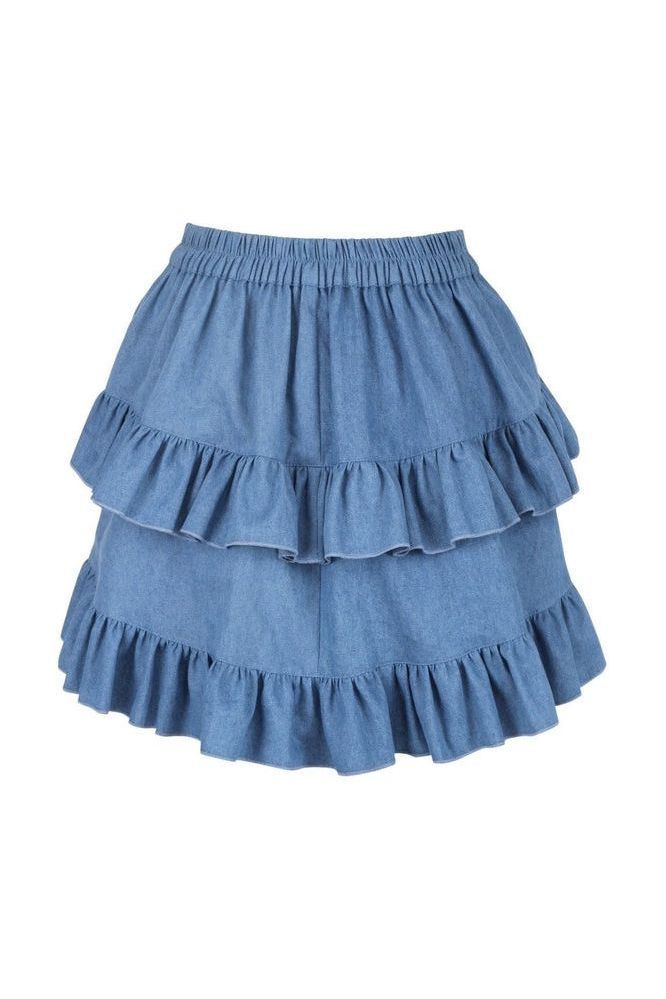 Blue Denim Ruched Bustle Skirt