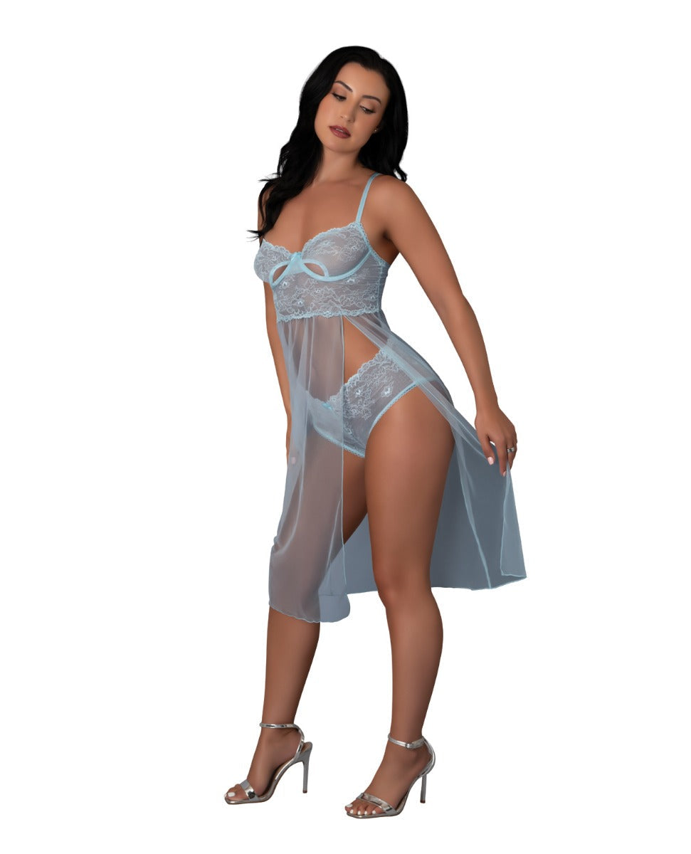 Magic Silk Blue Sky Long Chemise & Boy Short Panty - Light Blue