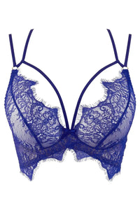 Blueberry eyelash lace corset bra with butterfly winged band and frayed ends.