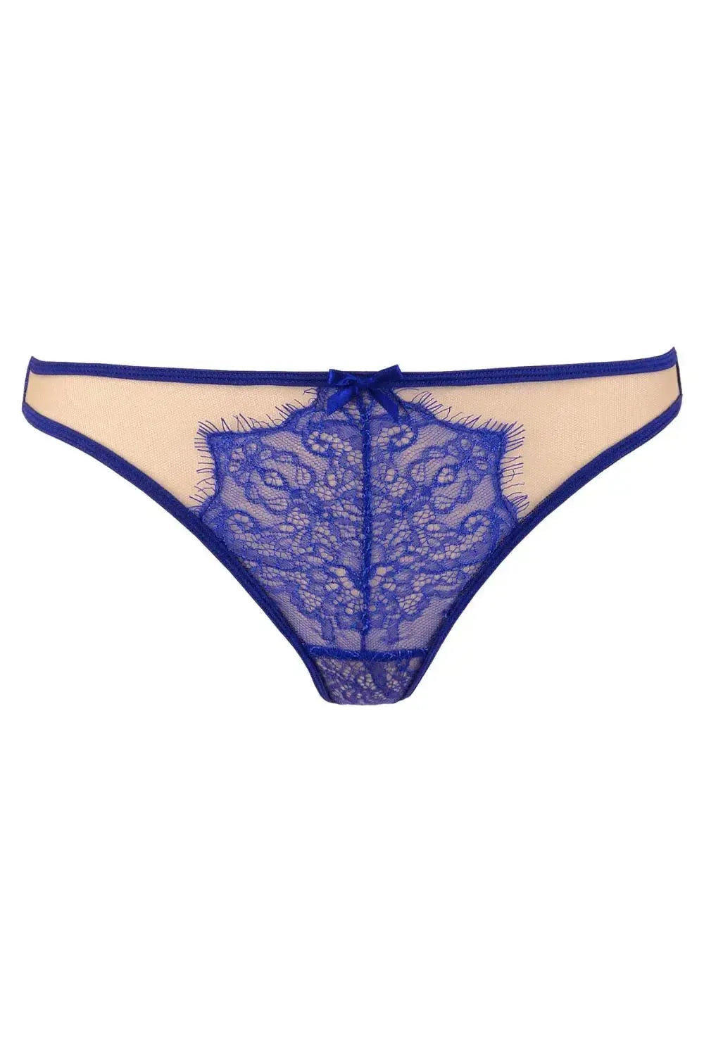 Seductive Axami Blueberry Lace Thong with elegant blue lace on a sheer beige background and delicate bow.