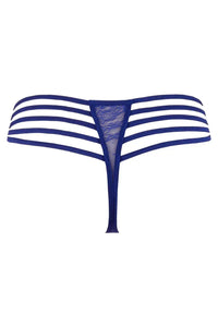 Seductive Axami Blueberry Lace Thong with elegant blue lace and white stripes, highlighting your beauty.