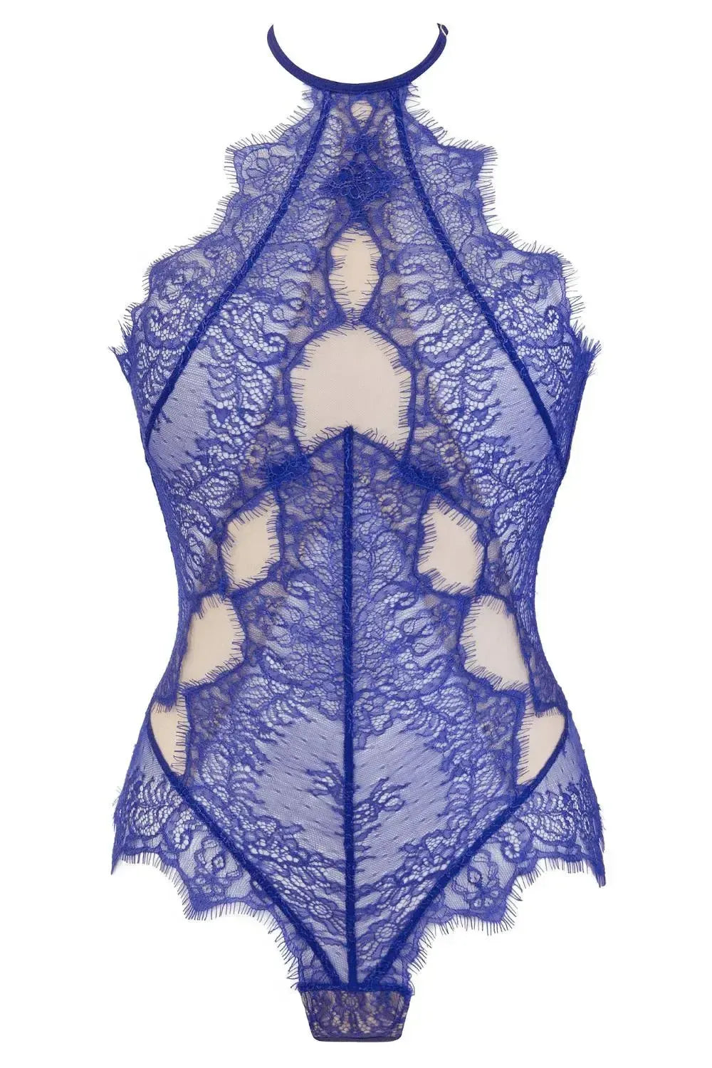 Blueberry Luxe Lace Bodysuit with romantic blue lace, beige sheer cuts, and seductive openwork.