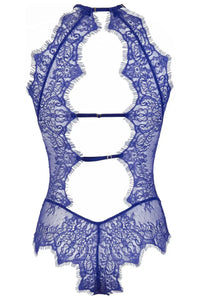 Seductive Axami Blueberry Luxe Lace Bodysuit with romantic blue lace, sheer cuts, and alluring back straps.