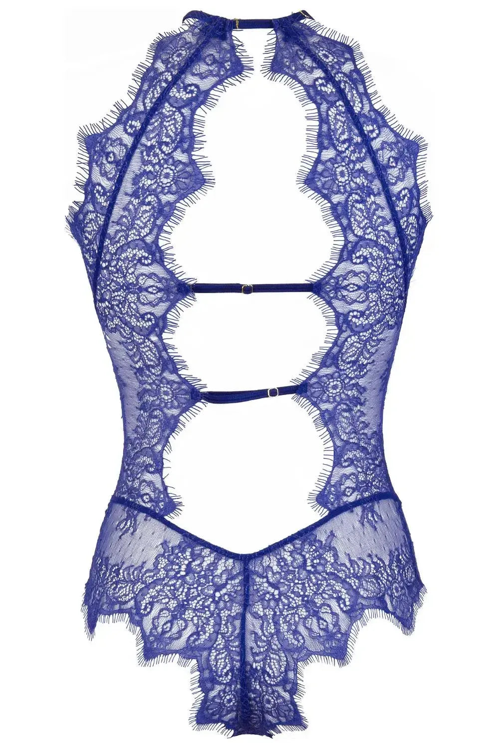 Seductive Axami Blueberry Luxe Lace Bodysuit with romantic blue lace, sheer cuts, and alluring back straps.