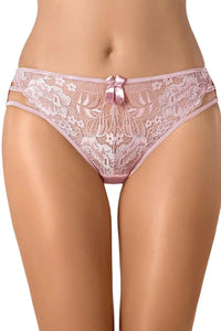 Blush Rose lace bikini briefs with delicate floral lace, feminine bow, and flattering cut.