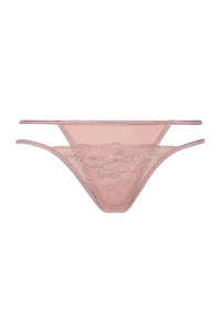 Delicate pink Axami Blush Rose lace thong with sheer details, perfect for versatile styling.