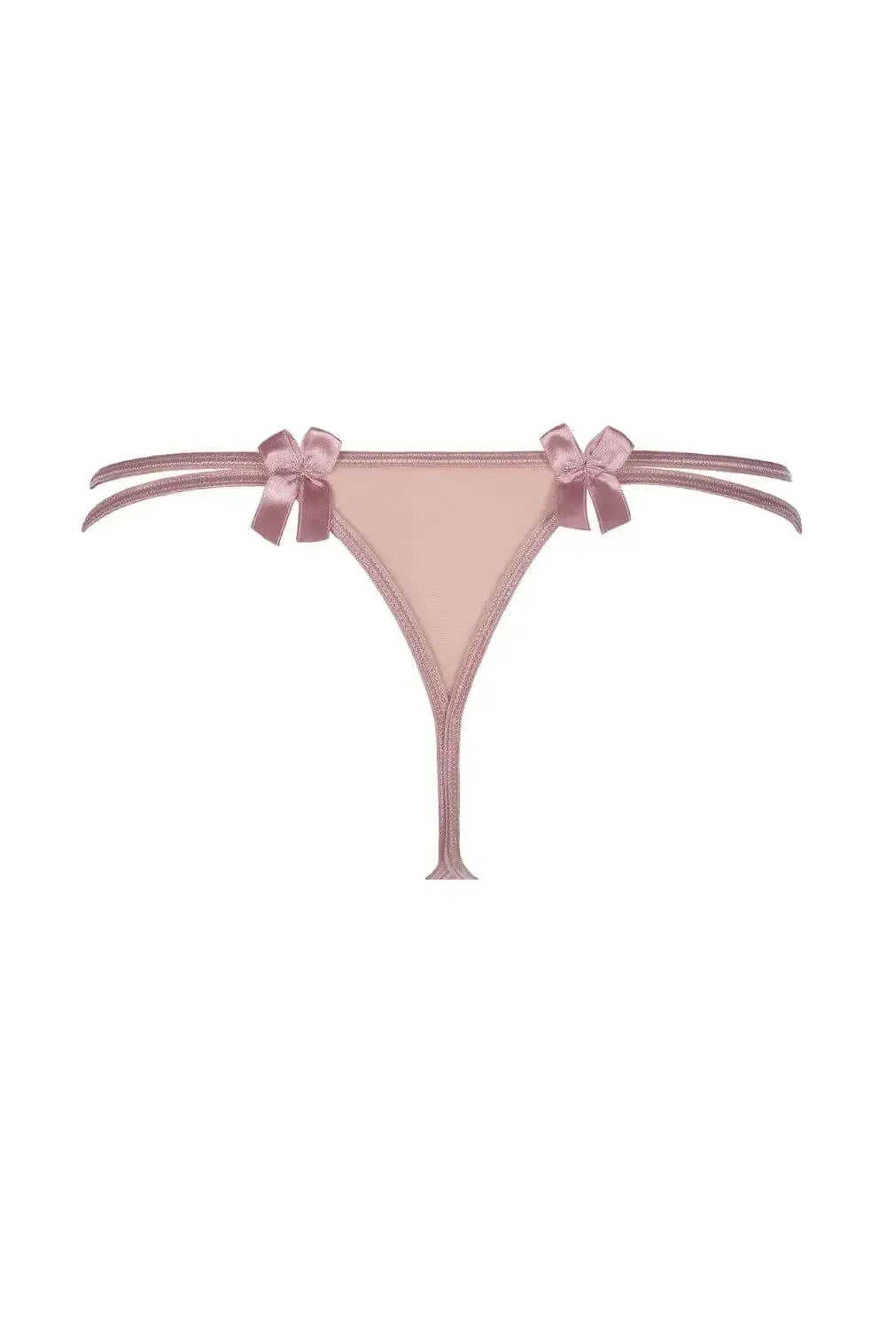 Delicate pink Axami Blush Rose lace thong with subtle bows, perfect for everyday elegance.