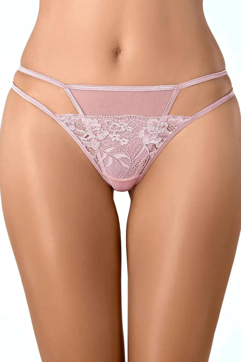 Delicate pink Axami Blush Rose lace thong with sheer, subtle floral lace and elegant hip-highlighting straps.
