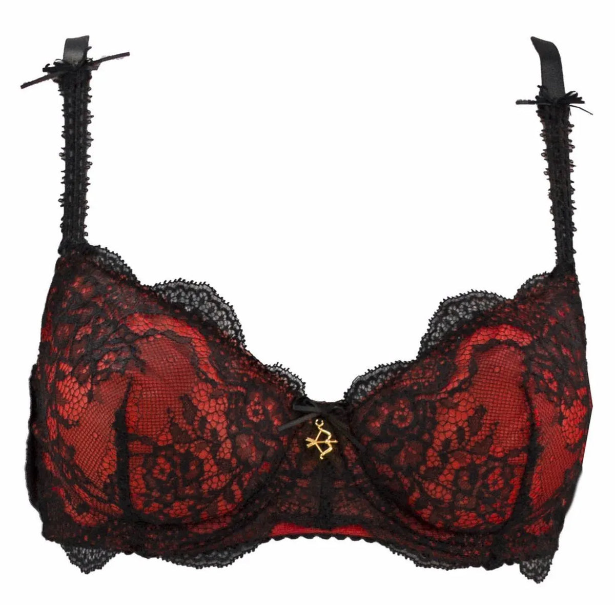 Flaming red tulle Bolero unlined soft bra with elegant black lace, adjustable straps, and a gold charm.