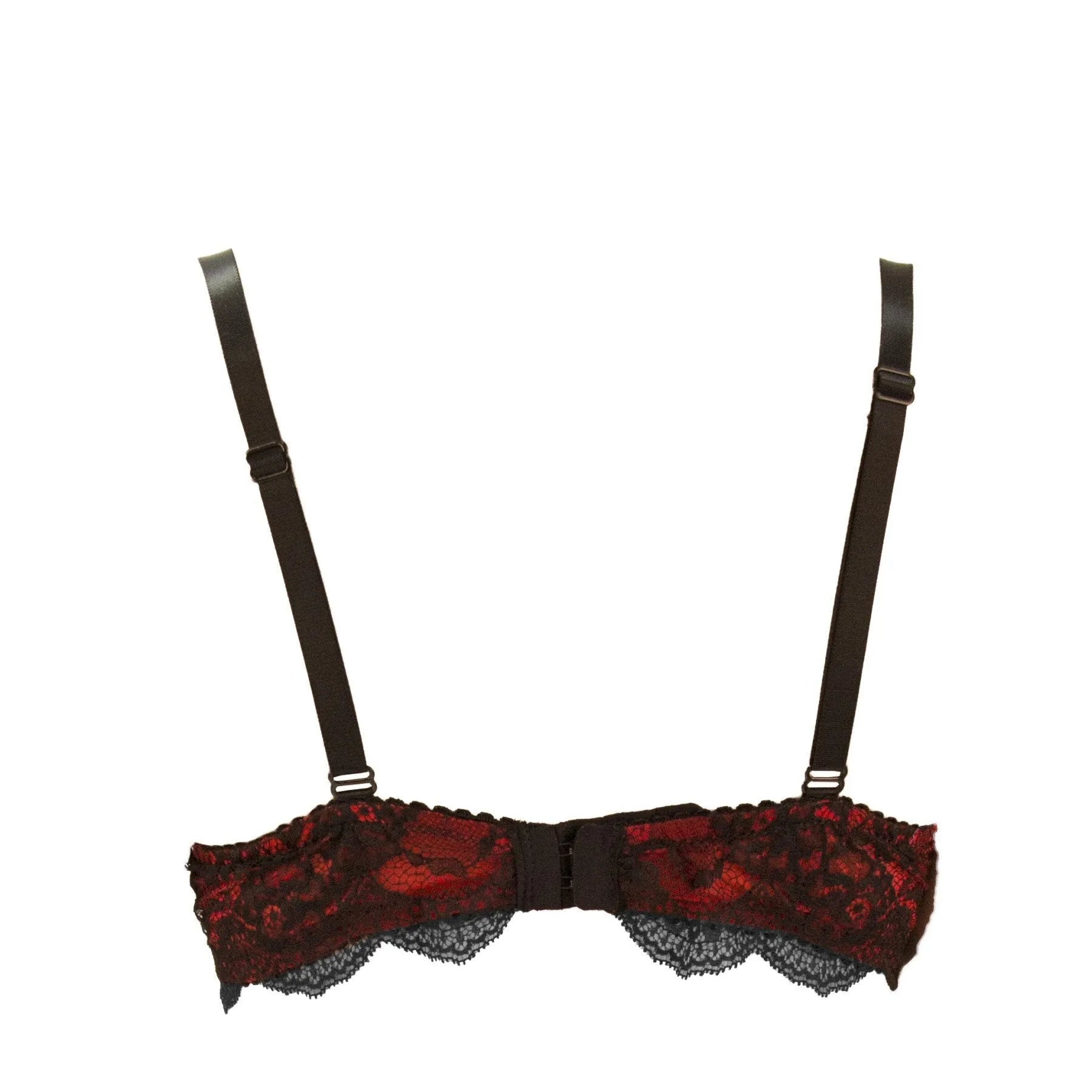 Bolero unlined soft bra: flaming red tulle and black lace, underwire cups, adjustable straps.