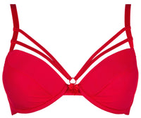 Passionate red Breva push-up bra with strappy cups, underwire, and captivating neckline decoration.