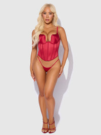 House of Desire Brigeta Fitted Deep Plunge Push Up Bustier Set Crimson Red