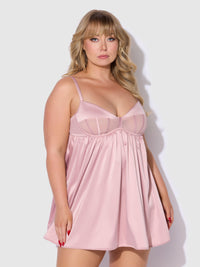 House of Desire Brigeta Satin & Mesh Corsetted Babydoll Set