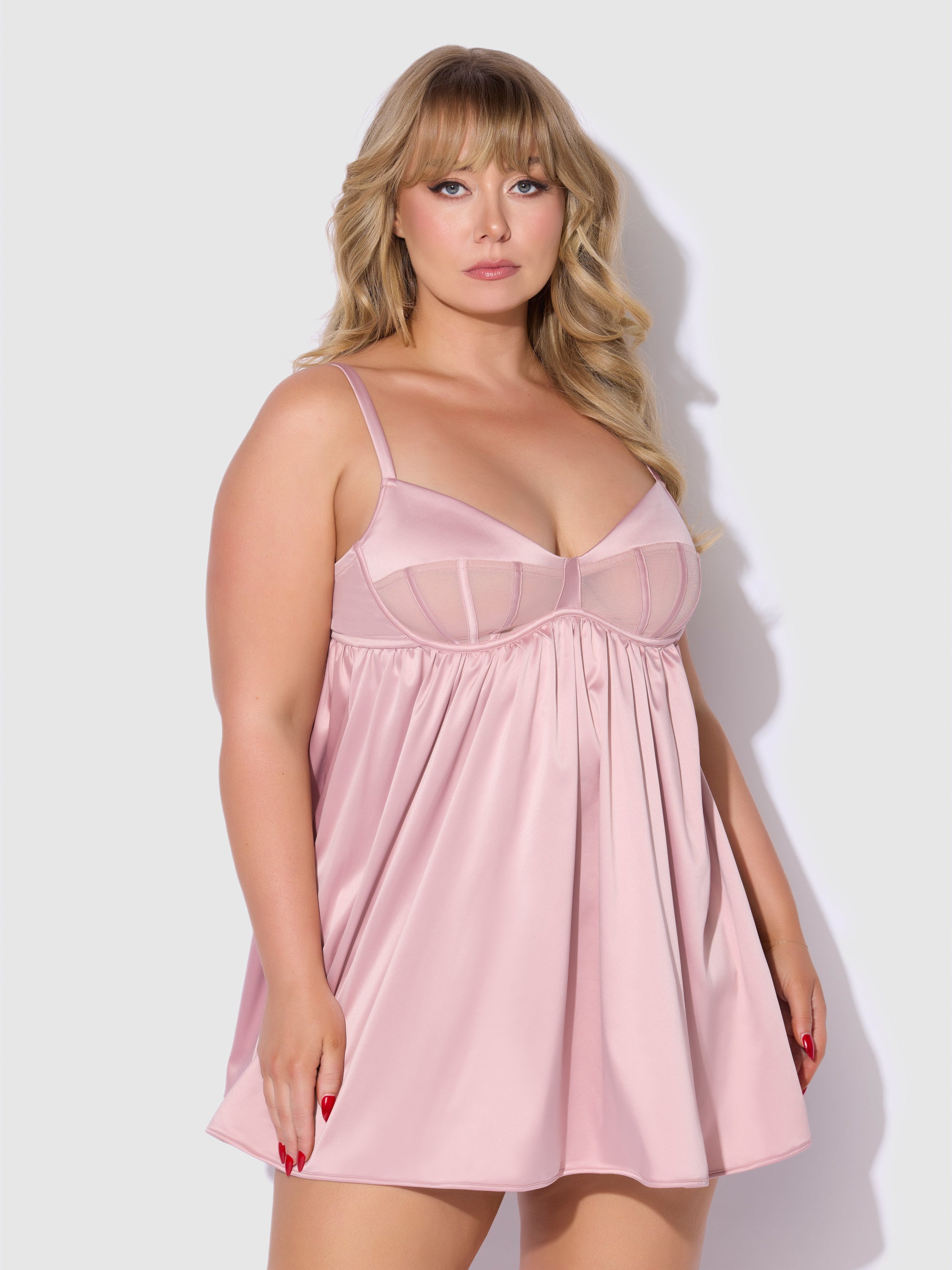 House of Desire Brigeta Satin & Mesh Corsetted Babydoll Set