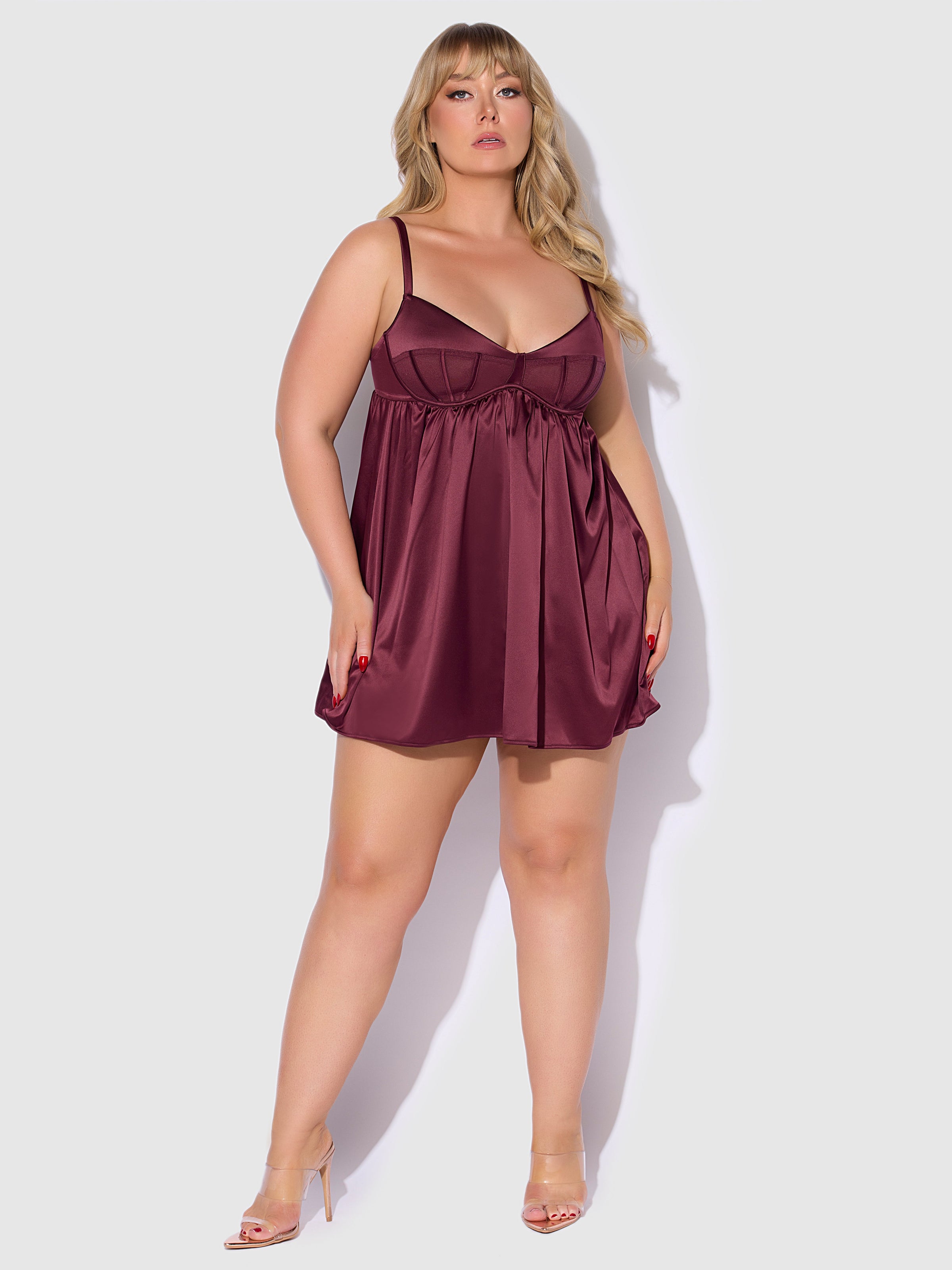 House of Desire Brigeta Satin & Mesh Corsetted Babydoll Set
