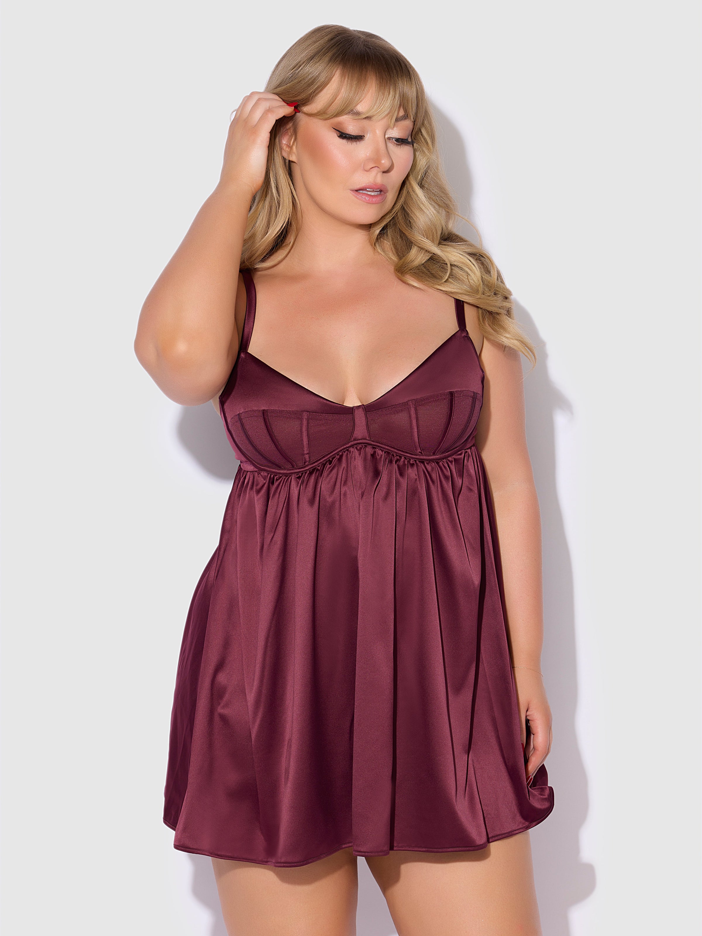 House of Desire Brigeta Satin & Mesh Corsetted Babydoll Set