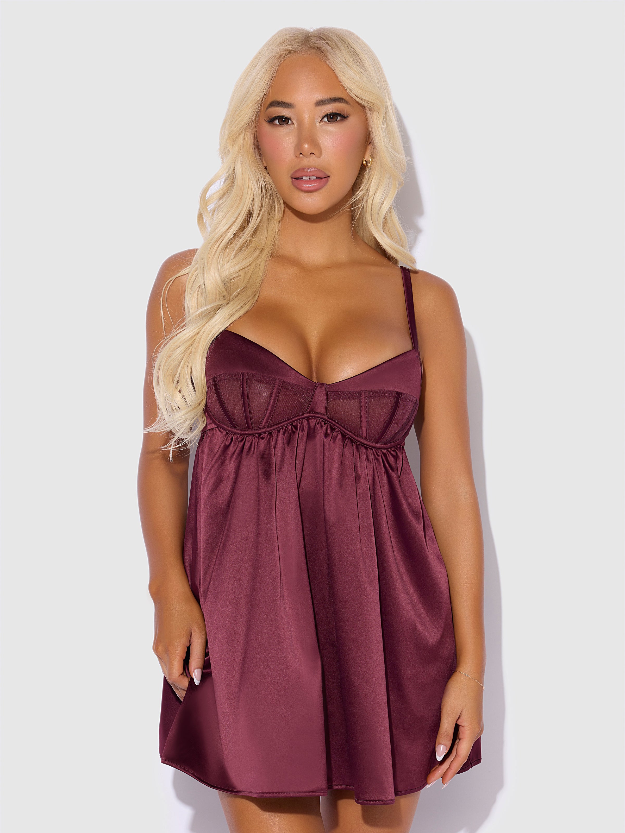 House of Desire Brigeta Satin & Mesh Corsetted Babydoll Set