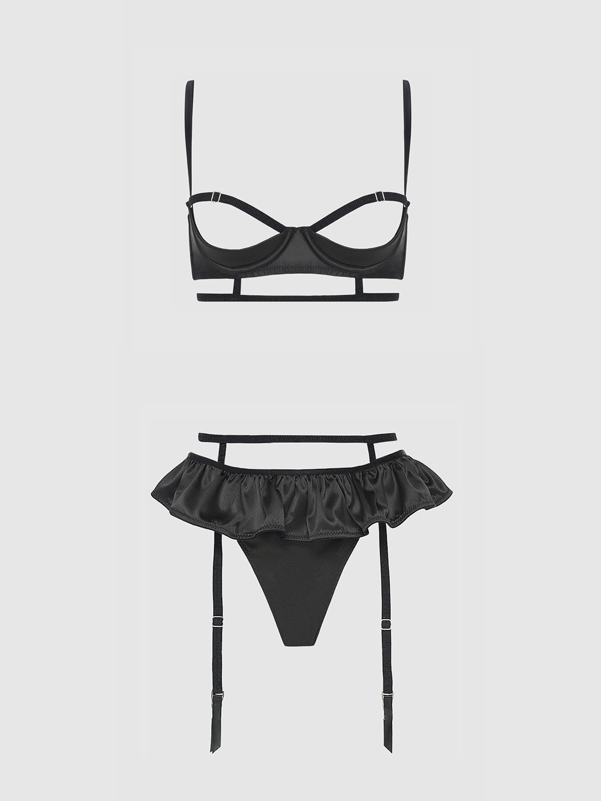 Brigeta Satin Open Cup Bra & Gartered Riuffle Panty Set Black